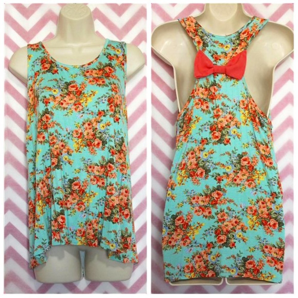 Floral Tank Top with Cute Bow Accent Size XL